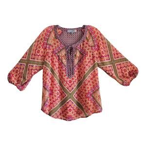 FIGUEROA & FLOWER Women's Petite L PL Blouse Peasant Tie Front 3/4 Sleeve 40"